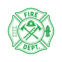 Green Fire Department Maltese Cross Emblem with Ladder Axe Helmet and Hydrant Symbolizing Firefighting and Emergency Services Isolated on White Background