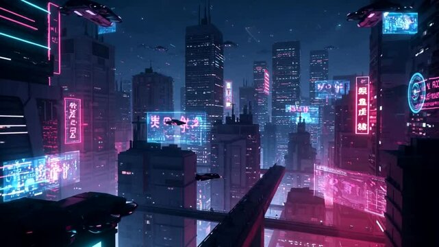 Cyberpunk metropolis Neonlit skyscrapers pierce a futuristic sky