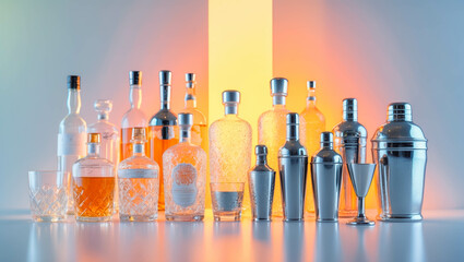 Luxurious Liquor Bottles and Barware: Premium Spirits & Shiny Glassware for Home Bar & Mixology