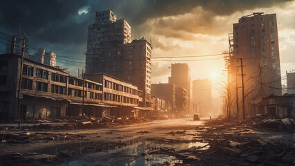 Abandoned Urban Landscape Ruins: Post-Apocalyptic Cityscape with Overgrown Architecture Under Stormy Skies