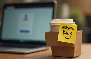 Welcome back note on takeaway coffee cup on office desk. Laptop computer background, login screen. Coffee cup cardboard holder. Office life. Workplace message. Friendly greeting from colleague boss.