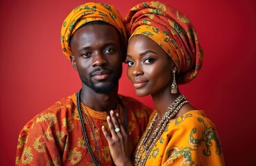 Portrait of African couple in traditional attire on red background. Man, woman wear colorful clothing, headwear. Ethnic fashion style. Models with dark skin. Heritage, culture, style, beauty.