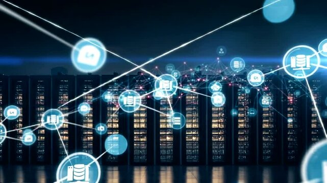 Datas digital city Servers interconnected by glowing networks technologys hum and lines of light defining data flow
