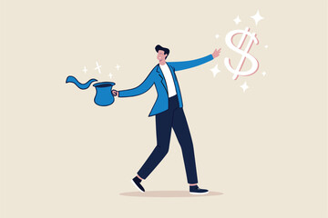 Easy money, surprise stock profit investment, magical to be rich success financial saving concept, smart businessman performing wizard show by pulling money dollar sign with rabbit ear from magic hat.