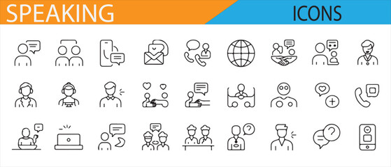 Set of Communication and Speaking Icons Representing Dialogue, Virtual Meetings, and Messaging