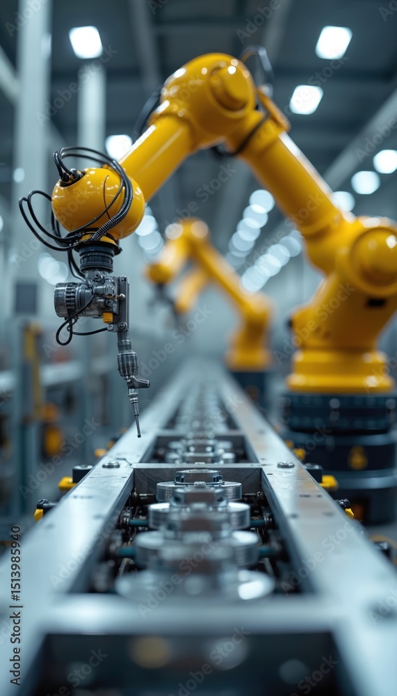 Poster industrial robot arm on production line in factory. modern tech automation, machine building, engine