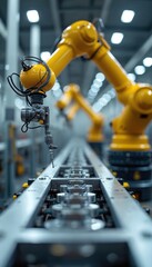 Industrial robot arm on production line in factory. Modern tech automation, machine building, engineering concept. Futuristic robotic equipment in workshop, manufacturing process.