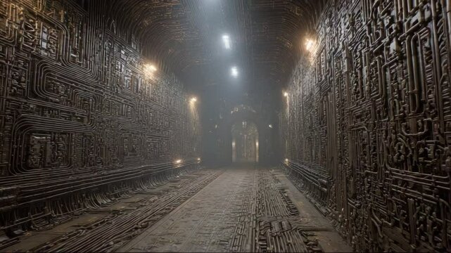 An alien base. Strange symbols glow on the walls behind her, whispering unknown secrets. This alien carries knowledge, this alien hides power