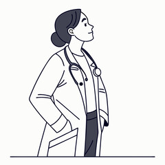 Female doctor standing with a stethoscope and looking thoughtfully  