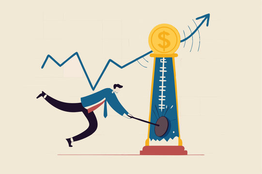 Investment asset price hit all time high, market rising, stock, crypto currency or gold price rally concept, businessman investor with hammer hit hard on strength tester to reach it top new high graph