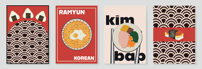 asian korean food with ramyun, onigiri, kimbap, spam musubi. A set of promo templates for a asian restaurant. Advertising with asian ornament national theme. 