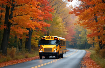 Bright yellow school bus travels scenic countryroad with vibrant fall foliage. Autumn colors, leaves and road. Back to school season. Transportation for students on sunny day.
