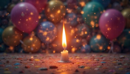 Celebration magic: candle colorful balloons with sparkling confetti
