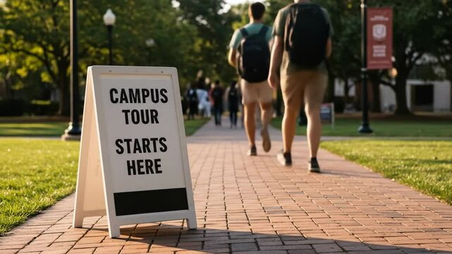 "Campus Tour Starts Here" sign on brick pathway with people walking  