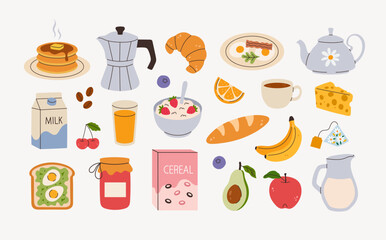 Hand-drawn illustrations of breakfast. Morning various food and drink.