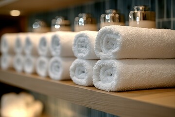 Rolled white towels stacked on wooden shelf in spa setting