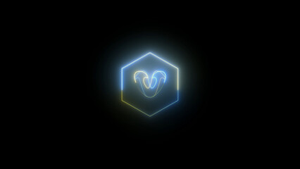 Abstract Neon Ram Head Inside Hexagon on Black Background with Glowing Light Effect