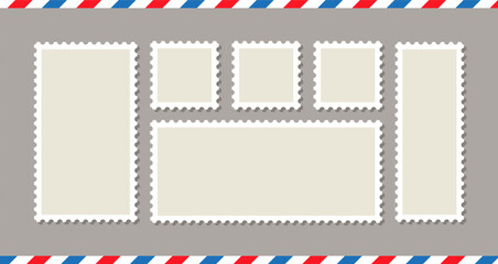 Empty postage stamps. Post stamp set. Sale coupons template with perforated borders. Postal stickers collection. Paper postmarks for mail letter. Vector illustration.
