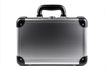 Small silver aluminum case with black handle and corners on white back