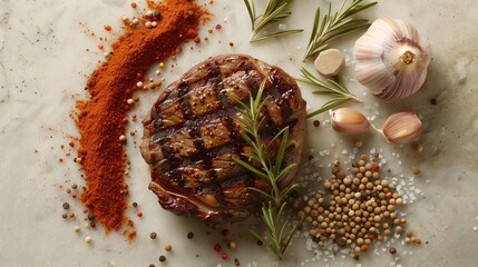 Robust grilled steak with deep sear marks, paired with scattered spices like cumin and paprika, arranged neatly over polished granite for striking visual appeal