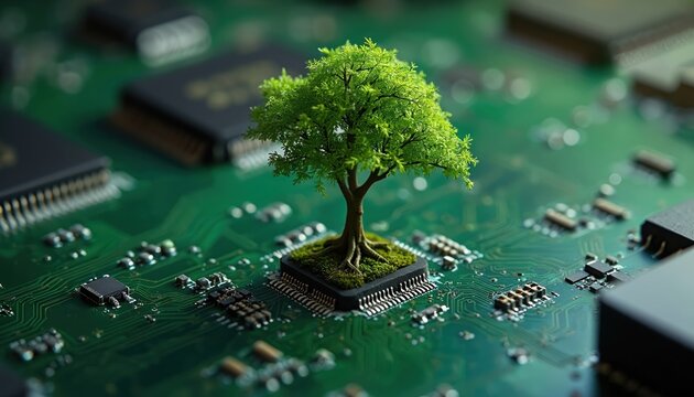 Tree grows on computer circuit board. Symbol of green technology, eco-friendly computing, environmental conservation. Concept of digital development, sustainable tech, renewable energy, information
