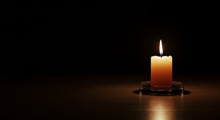 Conceptual art of single glowing candle on empty reflective surface, digital illustration with realistic rendering, soft backlight and dark-to-light gradient background, symbolic mood of hope and soli