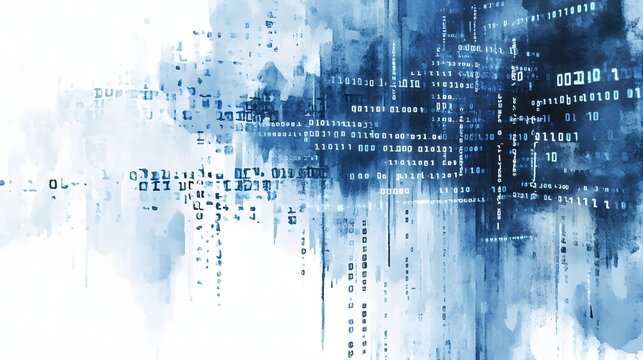 Abstract digital binary code design with watercolor effects.