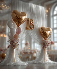 Background with curtain and balloons for 18 birthday .