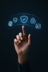 Finger pressing floating icons of customer satisfaction and privacy protection measures