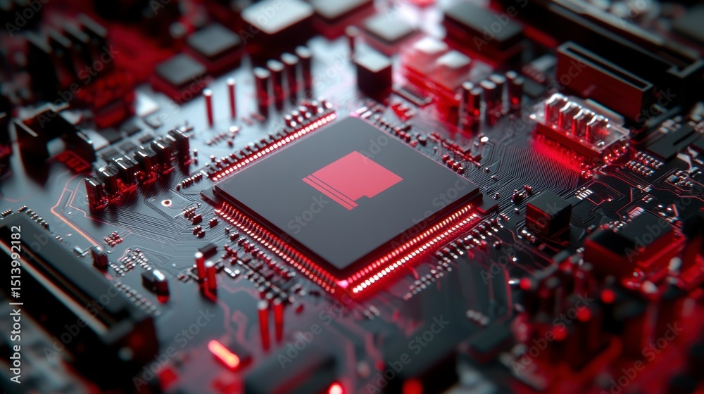 Aufkleber close-up of a computer processor with red led lighting on a circuit board.
