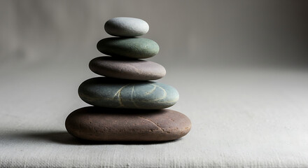 A carefully balanced stack of smooth stones rests on a textured surface. The arrangement showcases various shades and sizes, creating a tranquil atmosphere perfect for relaxation or meditation.