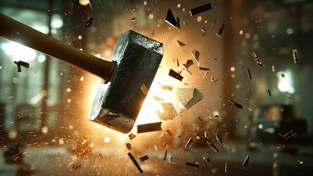 Hammer shatters exploding fragments breaking breaking glass destruction