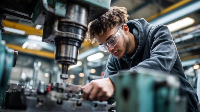 Focused young apprentice wearing safety glasses operating a milling machine in a metalworking factory