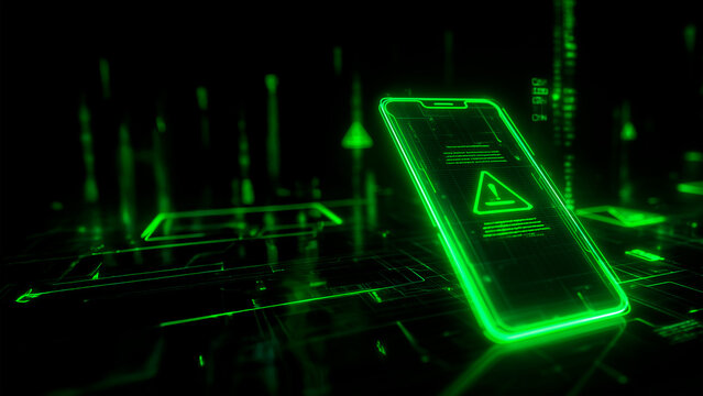 Glowing green phone with lock screen warning, cyber security alert concept
