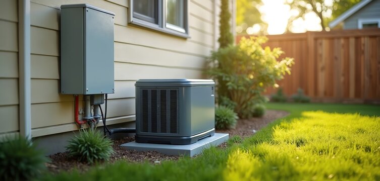 Residential backyard featuring home standby generator near house electrical panel. Automatic transfer switch provides backup power. Renewable energy, green tech for eco homes, emergency power.
