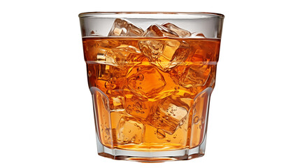 Cold iced tea, glass with ice cubes, summer beverage, orange-brown liquid, refreshing crystal drink, isolated on transparent background.