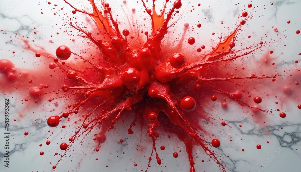 Poster Abstract red splash on white background. Artistic image of liquid bursting. Bubbles, drips, drops of red paint. Creative design element for art projects.