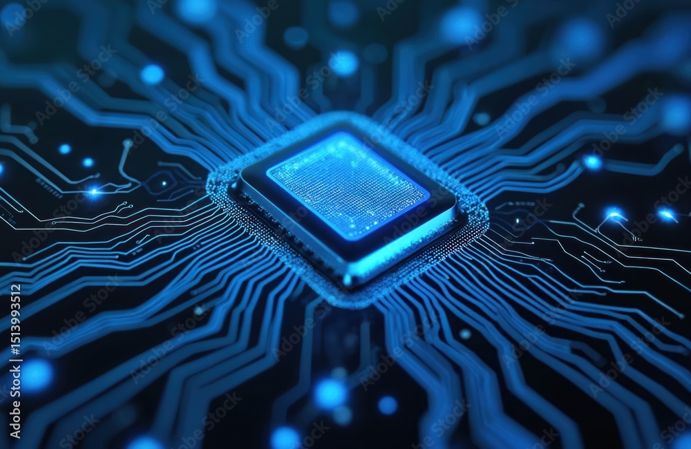 Aufkleber High-tech microchip with blue circuitry. Digital component on dark electronic board. Advanced technology in computing. Data processing, network, signal, microelectronics, integrated circuit schematic.