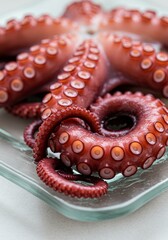 Delicious Cooked Octopus on Glass Dish - Close-up of a cooked octopus tentacle arranged artfully on a clear glass dish. Rich red color, detailed texture