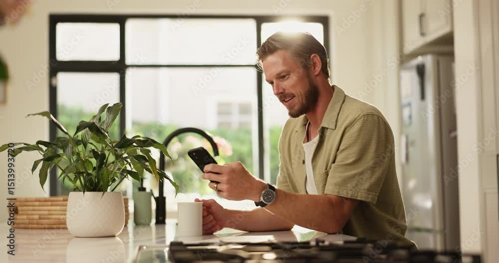 Poster coffee, phone and man in kitchen in home for networking, connectivity or social media scrolling. mor