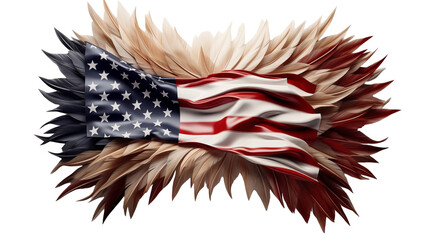 Abstract American flag with feathers, eagle pride symbol, red, white, blue digital art background, isolated on transparent background.