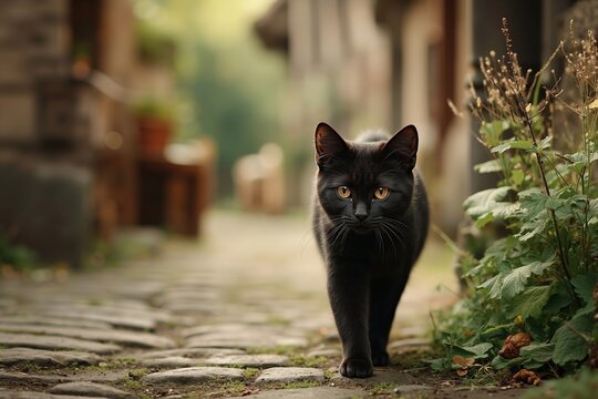 A black cat walking down a cobblestone street next to a bush