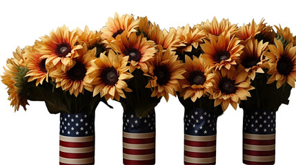 American flag with sunflowers, rustic autumn decor, red-blue floral still life, vintage style, isolated on transparent background.