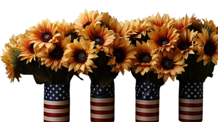 American flag with sunflowers, rustic autumn decor, red-blue floral still life, vintage style, isolated on transparent background.