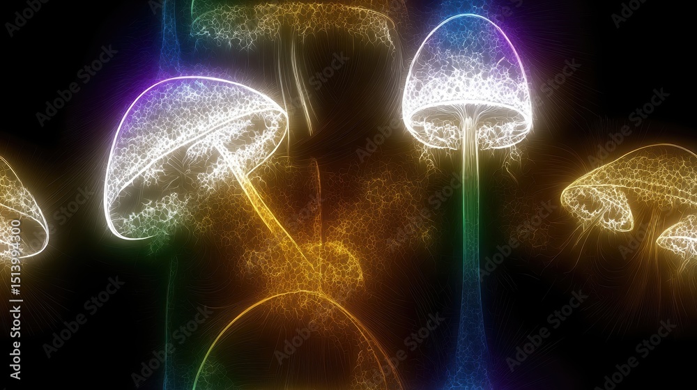 Poster glowing fractal mushrooms in vibrant colors create an enchanting display on a dark background