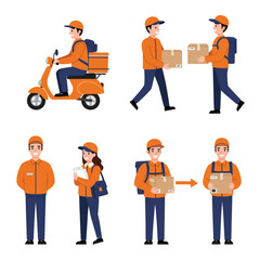 Delivery service workers flat vector illustrations set. Couriers, postman, deliveryman with order, parcel cartoon characters isolated on white background
