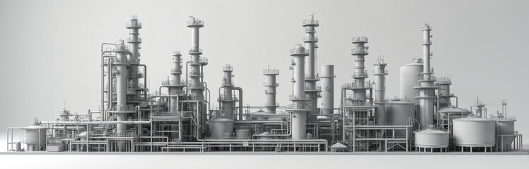 3D model of oil refinery industrial site with detailed structures pipelines storage tanks. Complex layout shows scale of manufacturing engineering. Production facilities. Refining process for