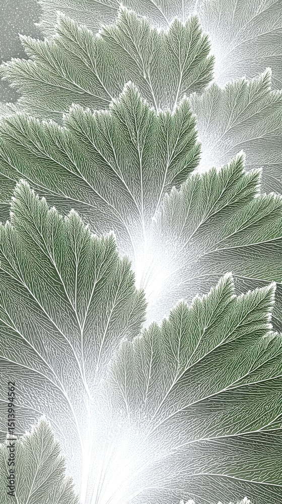 Poster Fractal Plant Display Showcasing Intricate Leaf Patterns in Soft White and Green Tones