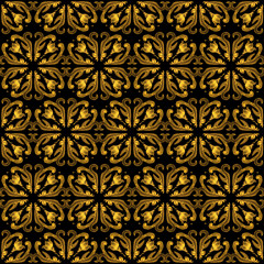 Seamless pattern on a black background. Hand drawn watercolor painted golden baroque scrolls, flowers and leaves 