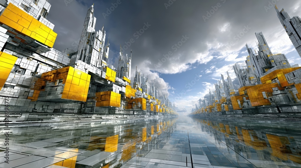 Aufkleber futuristic urban architecture with colorful structures reflecting in water under a cloudy sky